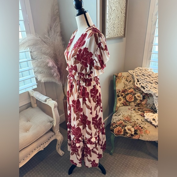 Böhme Floral Midi Dress Ruffle Waist Boho Romantic M - Picture 6 of 9